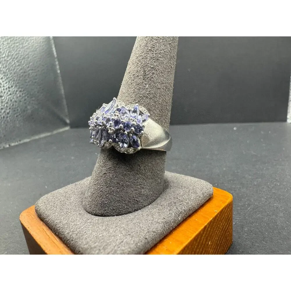 DV Signed 925 Sterling Silver Tanzanite & White Topaz Cocktail Ring Size 9.75